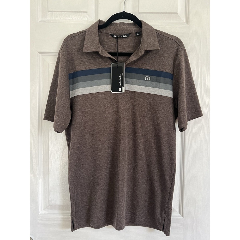 Travis Mathew Mens Small Brown Striped Polo Shirt Short Sleeve Golf Casual NWT - Picture 2 of 10